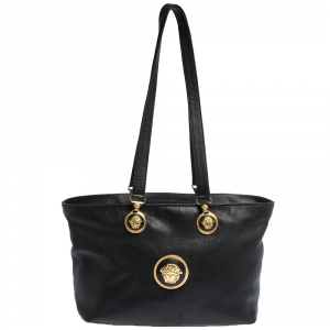 Pre Owned Versace Black Leather Medusa Shopper Tote