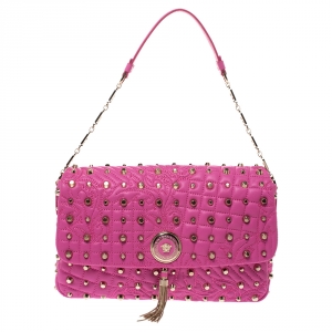 Pre Owned Versace Pink Leather Studded Tassel Vanitas Medea Shoulder Bag