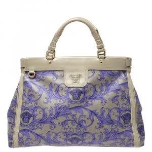 Pre Owned Versace Grey/Lilac Baroque Print Coated Canvas and Leather Frame Tote