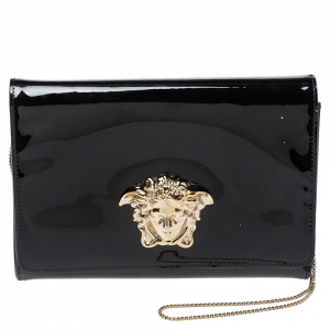 Pre Owned Versace Black Patent Leather Medusa Chain Clutch