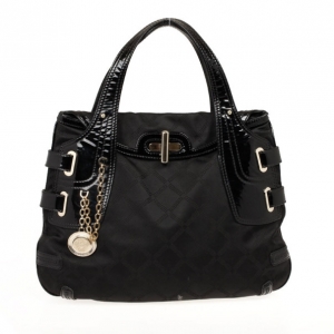 Pre Owned Versace Black Jacquard and Patent Shoulder Bag