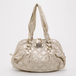 Pre Owned Versace Metallic Quilted Logo Leather Satchel 