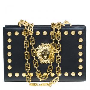 Pre Owned Gianni Versace Black Leather Vintage Studs Medusa Shoulder Bag