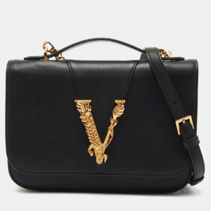 Pre Owned Versace Black Leather Virtus Shoulder Bag