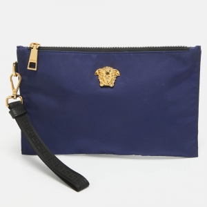 Pre Owned Versace Indigo Satin La Medusa Wristlet Pouch