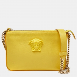Pre Owned Versace Yellow Leather Medusa Zip Crossbody Bag