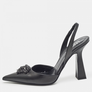 Versace Black Leather La Medusa Slingback Pumps Size 39 