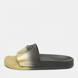 Versace Gold/Black Rubber Medusa Flat Pool Slide Sandals Size 37