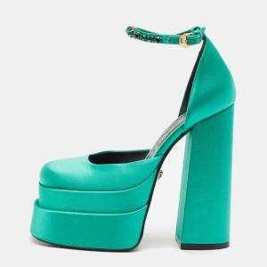 Versace Green Satin Aevitas Crystal Embellished Ankle Strap Platform Pumps Size 37