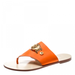 Versace Orange Leather Medusa Embellished Thong Sandals Size 39