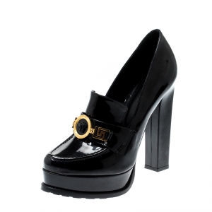 Pre Owned Versace Black Patent Leather Medusa Platform Block Heel Loafer Pumps Size 38