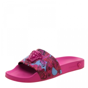 Versace Pink Baroque Leather Medusa Head Printed Slides Size 38