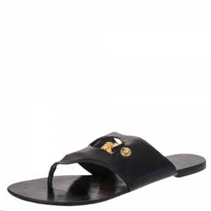 Versace Black Leather Medusa Detail Thong Flats Slides Size 41