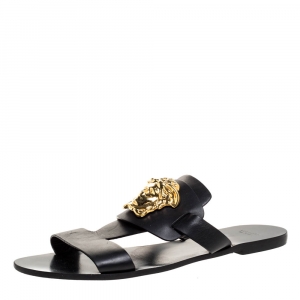 Versace Black Leather Medusa Detail Flats Slides Size 39