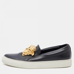 Versace Black Leather Palazzo Medusa Slip On Sneakers Size 38
