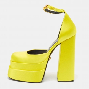 Versace Yellow Satin Aevitas Crystal Embellished Pumps Size 39 