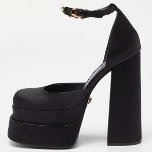 Versace Black Satin La Medusa Crystal Embellished Ankle Strap Block Heel Pumps Size 38.5