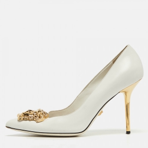 Pre Owned Versace White Leather Palazzo Pointed Toe Pumps Size 37.5