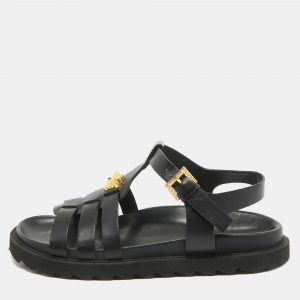 Versace Black Leather La Medusa Flat Sandals Size 37