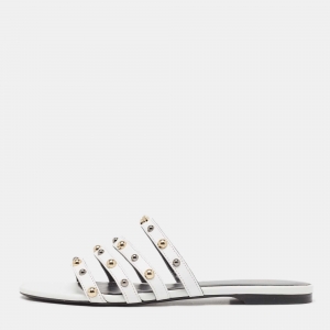 Pre Owned Versace White Leather Studded Flat Slides Size 37