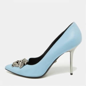 Versace Blue Leather Medusa Pointed Toe Pumps Size 40