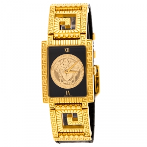 Versace Black 18K Yellow Gold Plated Stainless Steel Signature Medusa Women's Wristwatch 25 mm