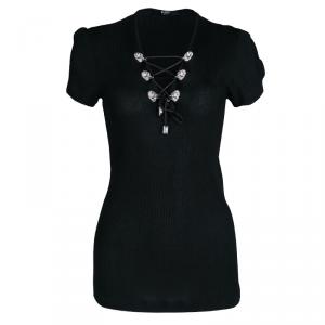 Versus Versace Black Rib Knit Lion Studded Criss Cross Front Top M