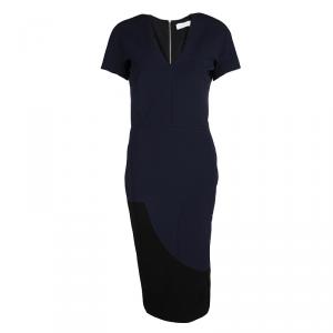 Pre Owned Victoria Beckham Navy Blue Knit Colorblock V Neck Pencil Dress M