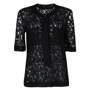 Pre Owned Victoria Beckham Black Lace Pocket Detail Sheer Short Sleeve Blouse XS