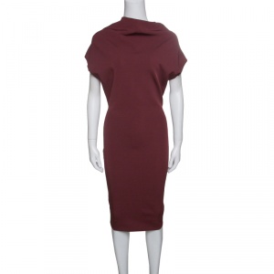 Pre Owned Victoria Beckham Burgundy Knit Draped High Neck Bodycon Dress S
