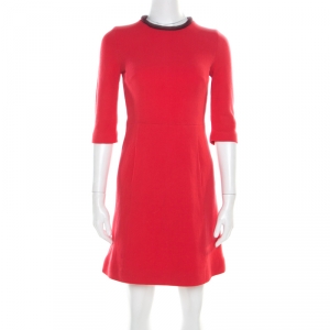 Pre Owned Victoria Victoria Beckham Coral Red Crepe Wool Contrast Neck Sheath Dress S