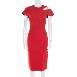 Pre Owned Victoria Beckham Red Wool and Silk Cutout Shoulder Detail Sleeveless Dress M