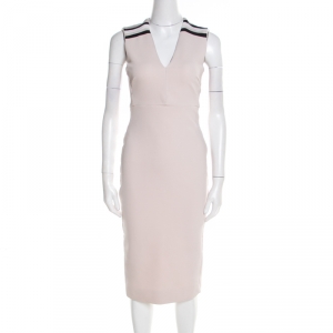 Pre Owned Victoria Beckham Blush Pink Striped Shoulder V-Neck Sleeveless Pencil Dress M