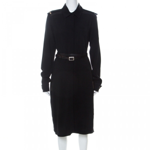 Pre Owned Victoria Beckham Black Crepe Knit Epaulette Detail Belted Shirt Dress L
