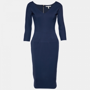 Pre Owned Victoria Beckham Navy Blue Stretch Crepe V Neck Pencil Dress M
