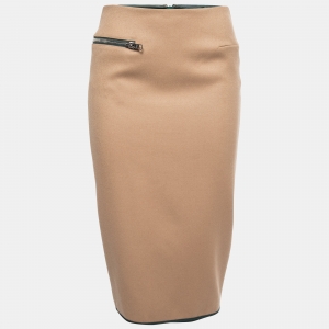 Victoria Beckham Tan Brown Wool Zipper Detail Pencil Midi Skirt M