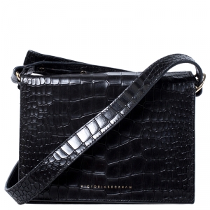 Victoria Beckham Black Croc Embossed Leather Mini Shoulder Bag 