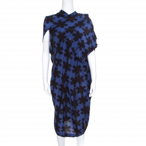 Vivienne Westwood Anglomania Blue and Black Printed Draped Asymmetric Dress M