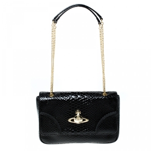 Vivienne Westwood Black Snakeskin Embossed Leather Frilly Shoulder Bag