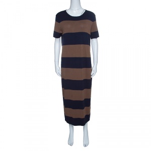 Weekend Max Mara Navy Blue and Brown Striped Short Sleeve Sweater Dress L