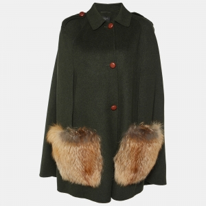Weekend Max Mara Green Wool & Fur Trimmed Cape Coat M