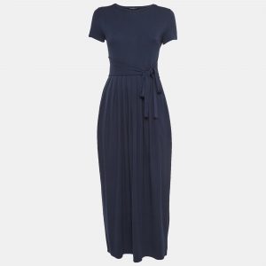 Weekend Max Mara Navy Blue Knit Waist Tie Detail Pleated Maxi Dress XS