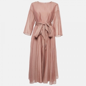 Weekend Max Mara Pink Cotton Blend Gathered Belted Midi Dress L