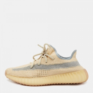 Pre Owned Yeezy x Adidas Light Yellow Knit Fabric Boost 350 V2 Linen Sneakers Size 37 1/3