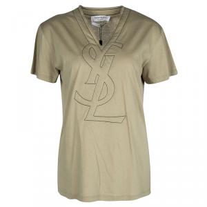 Pre Owned Yves Saint Laurent Paris Brown Logo Detail V-Neck T-Shirt M