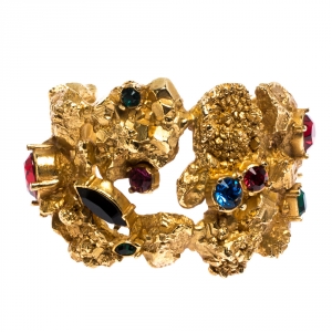 Yves Saint Laurent Vintage Yellow Gold Tone Crystal Studded Open Cuff Bracelet