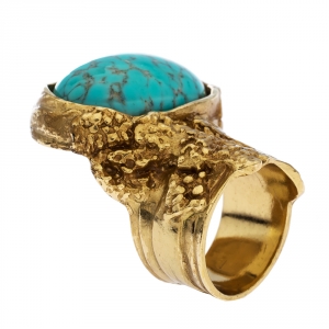Yves Saint Laurent Arty Turquoise Glass Cabochon Gold Tone Ring Size 52