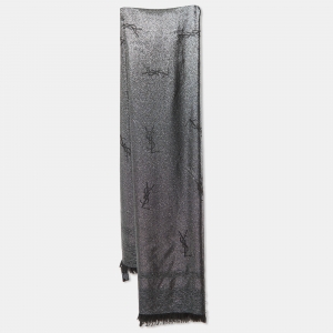 Yves Saint Laurent Silver Lurex logo Wool & Silk Shawl