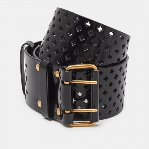 Pre Owned Yves Saint Laurent Black Perforated Patent Leather Wide Buckle Belt 85CM