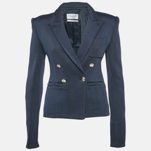 Yves Saint Laurent Navy Blue Rib Knit Double Breasted Blazer S